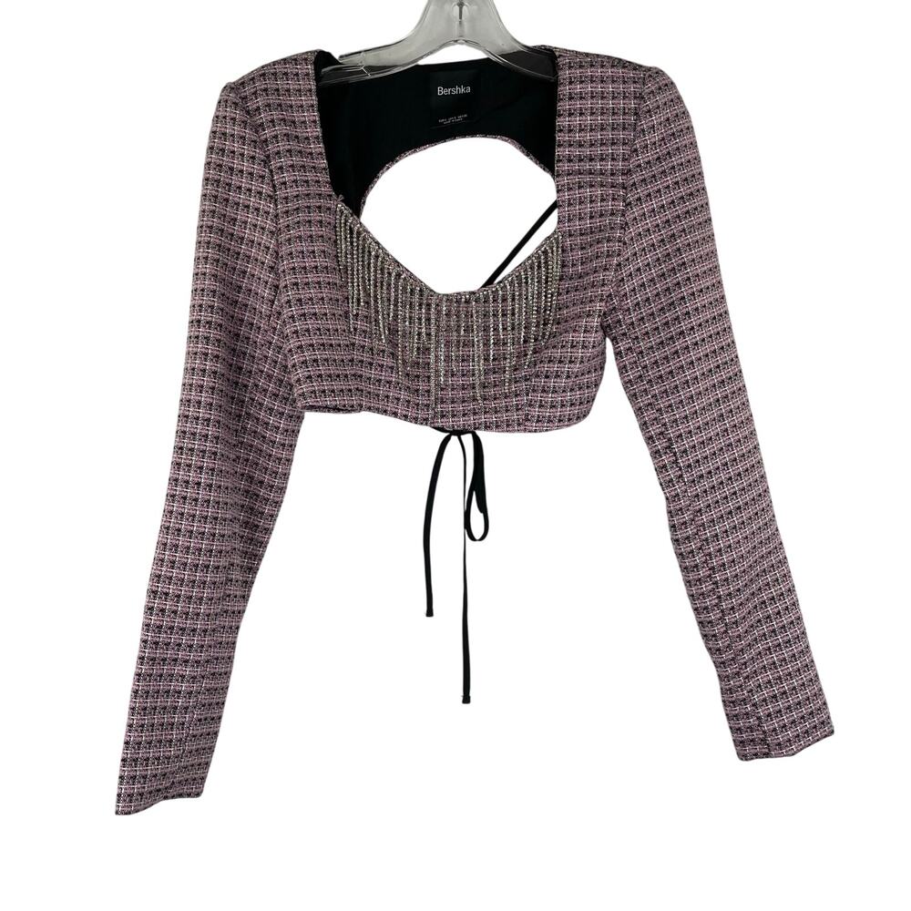 Bershka Pink Tweed Cropped Open Back Studded Fringe Jacket women's Small
